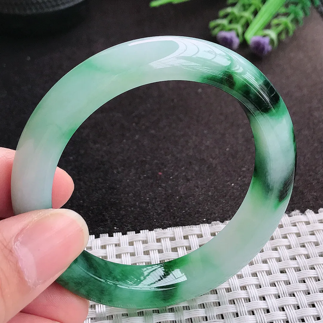 天然A货翡翠54.8/12/9老坑精美冰润飘绿手镯宽边玉镯