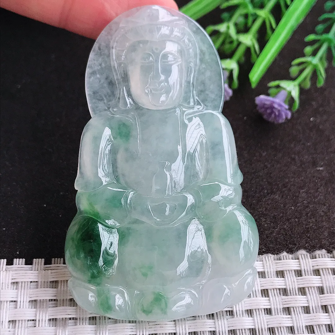 天然A货翡翠67.3/41/6.1老坑18k金镶嵌冰胶果冻冰飘花正装观音吊坠翡翠玉观音