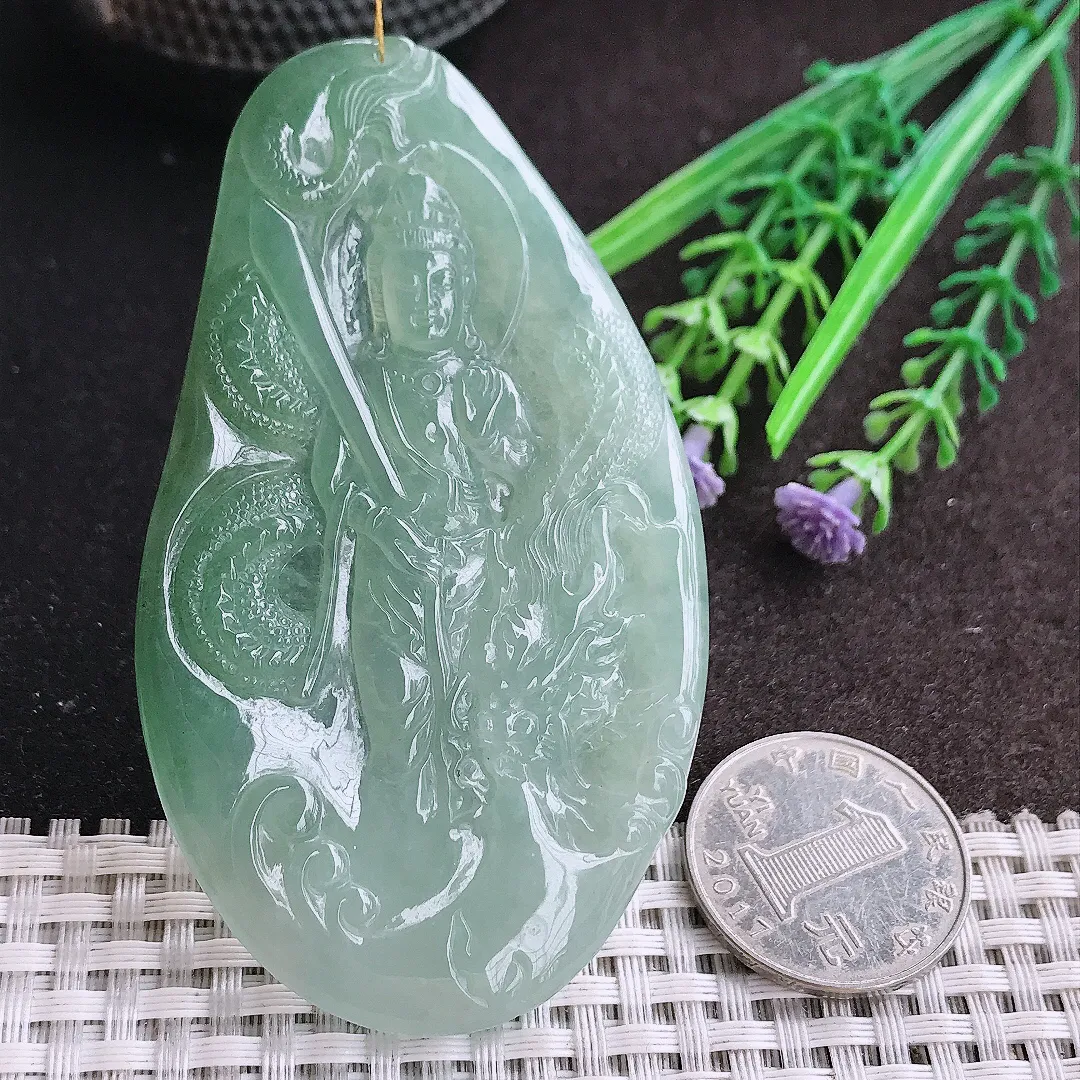 天然A货翡翠80/46.6/5.6老坑冰胶果冻冰晴绿御龙观音吊坠翡翠挂件