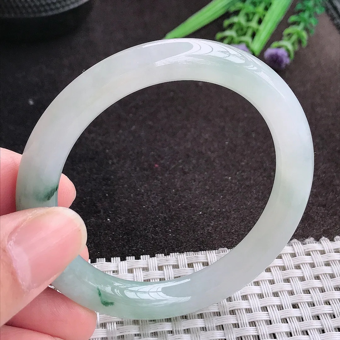 天然A货翡翠53.5/9.1老坑冰胶果冻飘花圆条手镯玉镯