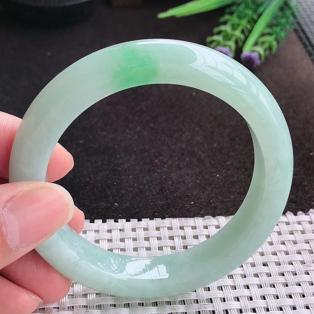 天然A货翡翠58.5/12.5/9.7老坑秀气冰润冰晴绿手镯宽边玉镯