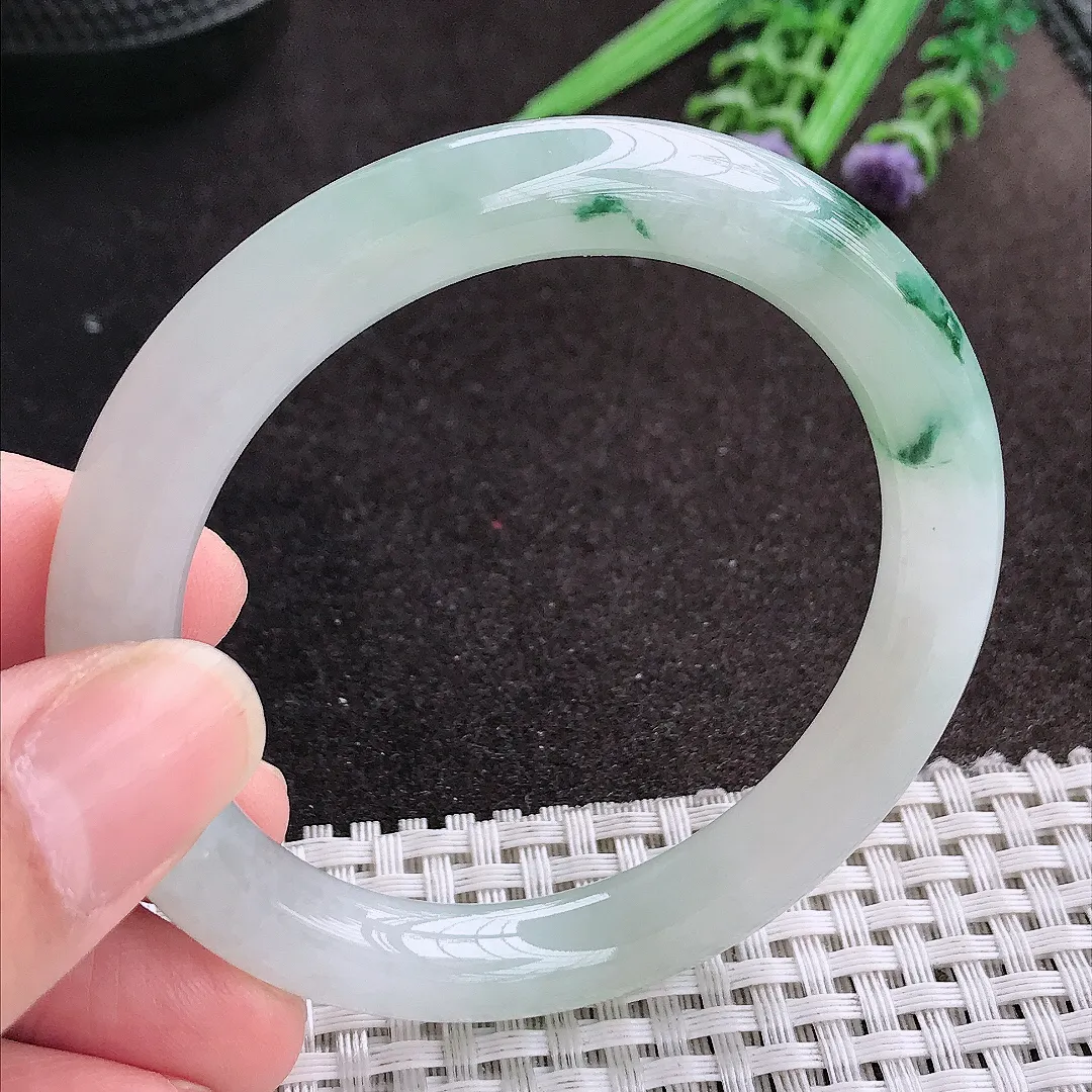 天然A货翡翠53.5/9.1老坑冰胶果冻飘花圆条手镯玉镯