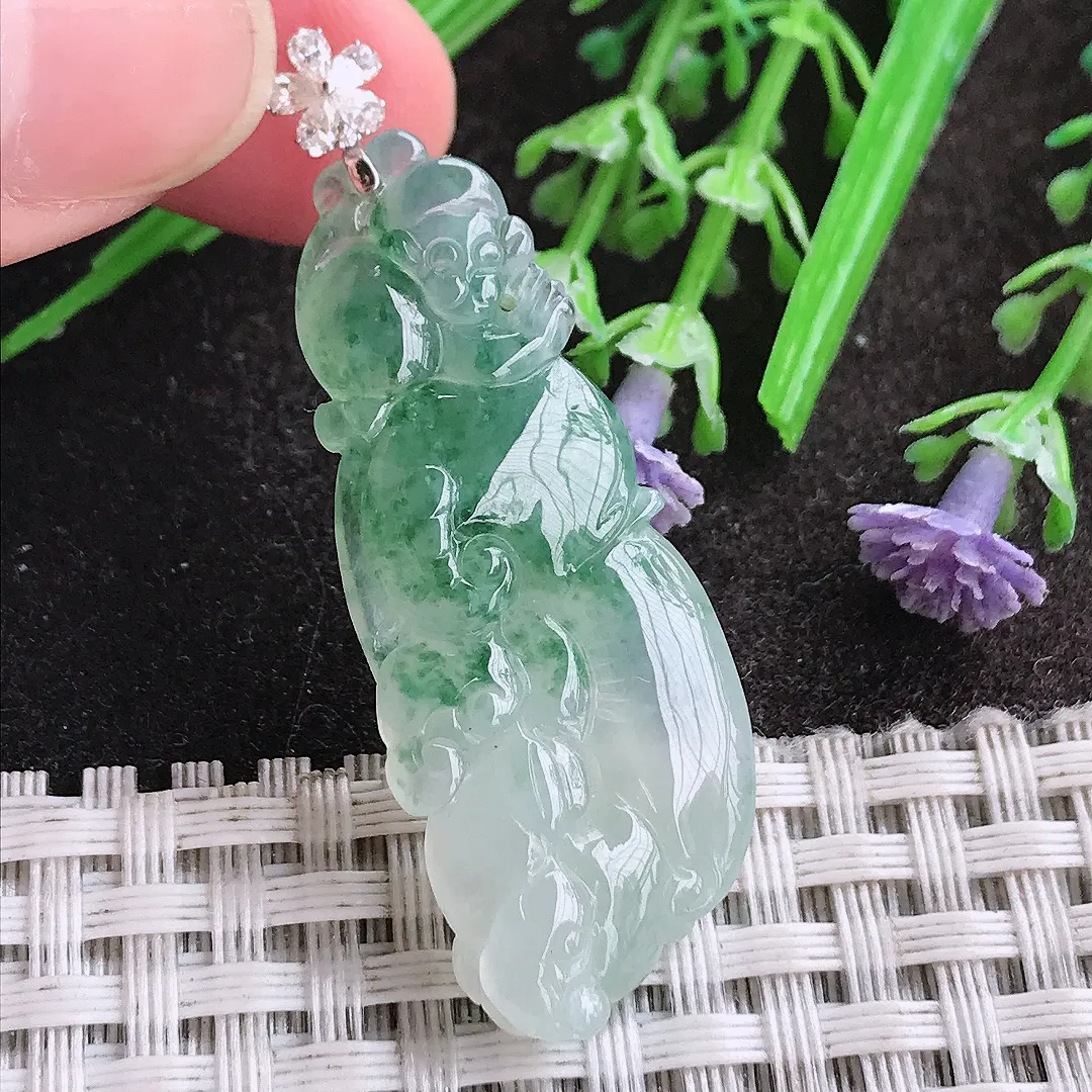 天然A货翡翠42/17.2/6.3老坑18k金镶嵌冰胶果冻飘花如意吊坠翡翠挂件