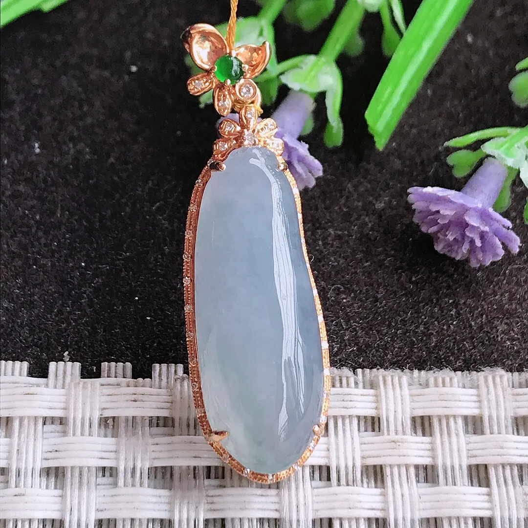 天然A货翡翠37/11/7.8老坑18k金镶嵌冰胶果冻紫罗兰福瓜吊坠翡翠挂件