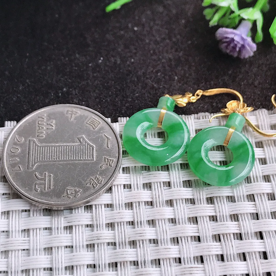 天然A货翡翠14/2.6老坑18k金镶嵌冰胶飘阳绿玉环平安扣耳坠