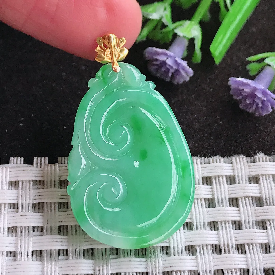 天然A货翡翠30/21/5.7老坑18k金镶嵌冰润起胶满绿阳绿如意吊坠翡翠挂件