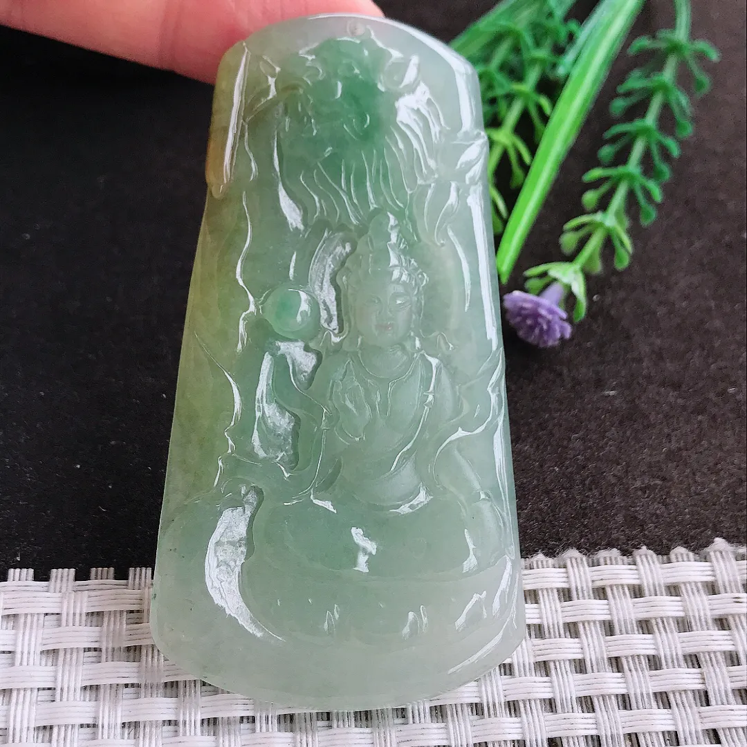 天然A货翡翠75/41/5老坑冰润起胶冰晴绿文殊菩萨吊坠翡翠挂件