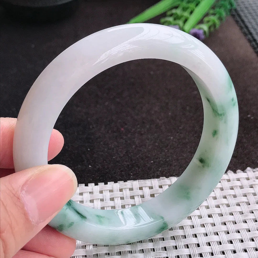 天然A货翡翠60/12.6/9.5老坑精美油润飘花手镯宽边玉镯