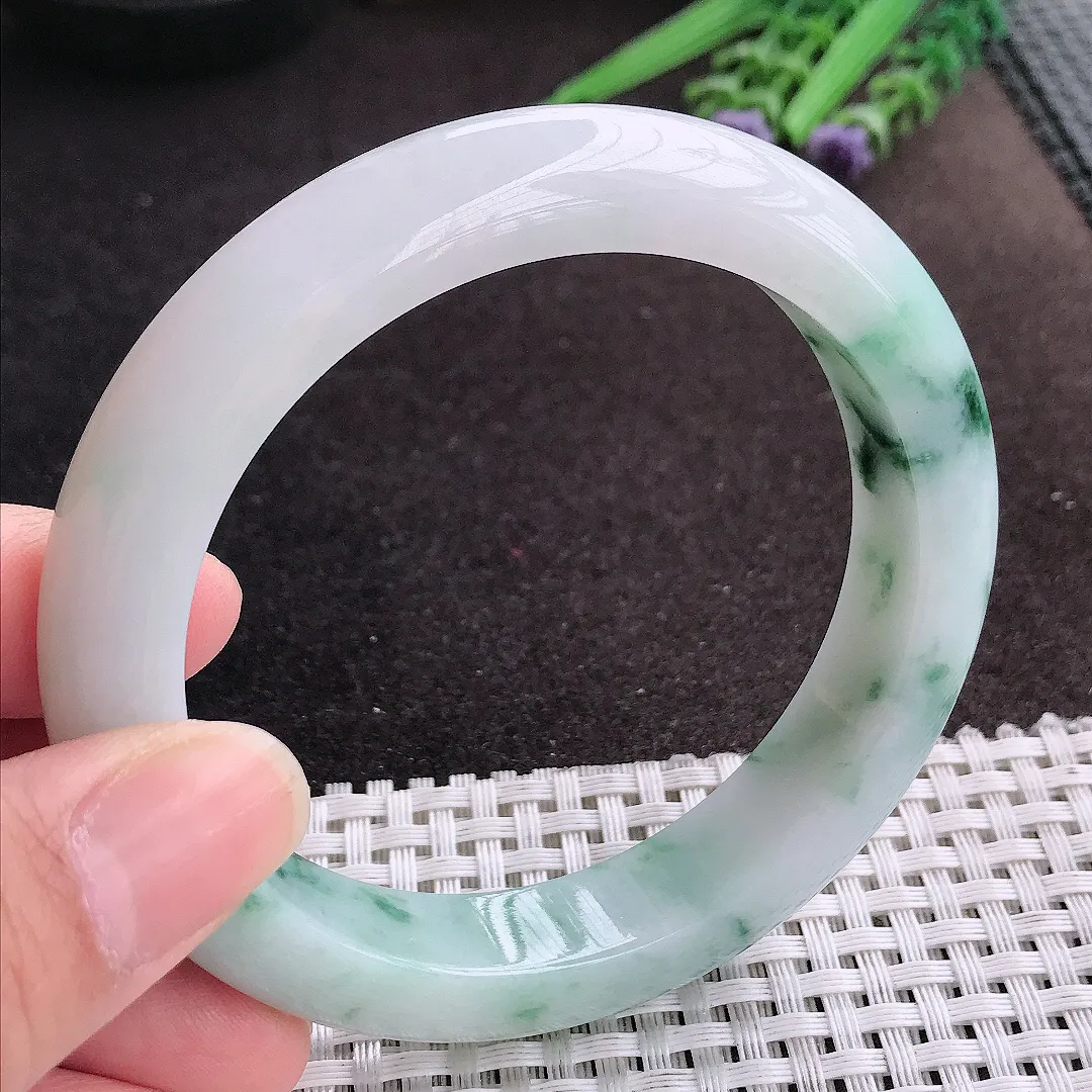 天然A货翡翠60/12.6/9.5老坑精美油润飘花手镯宽边玉镯