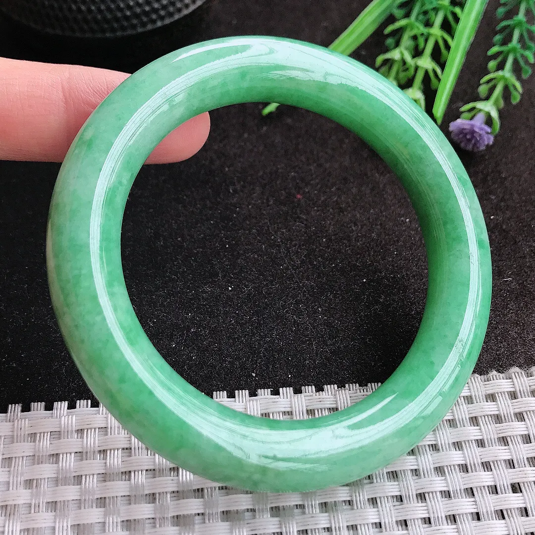 天然A货翡翠56.8/11.6老坑温润满绿胖圆条手镯玉镯