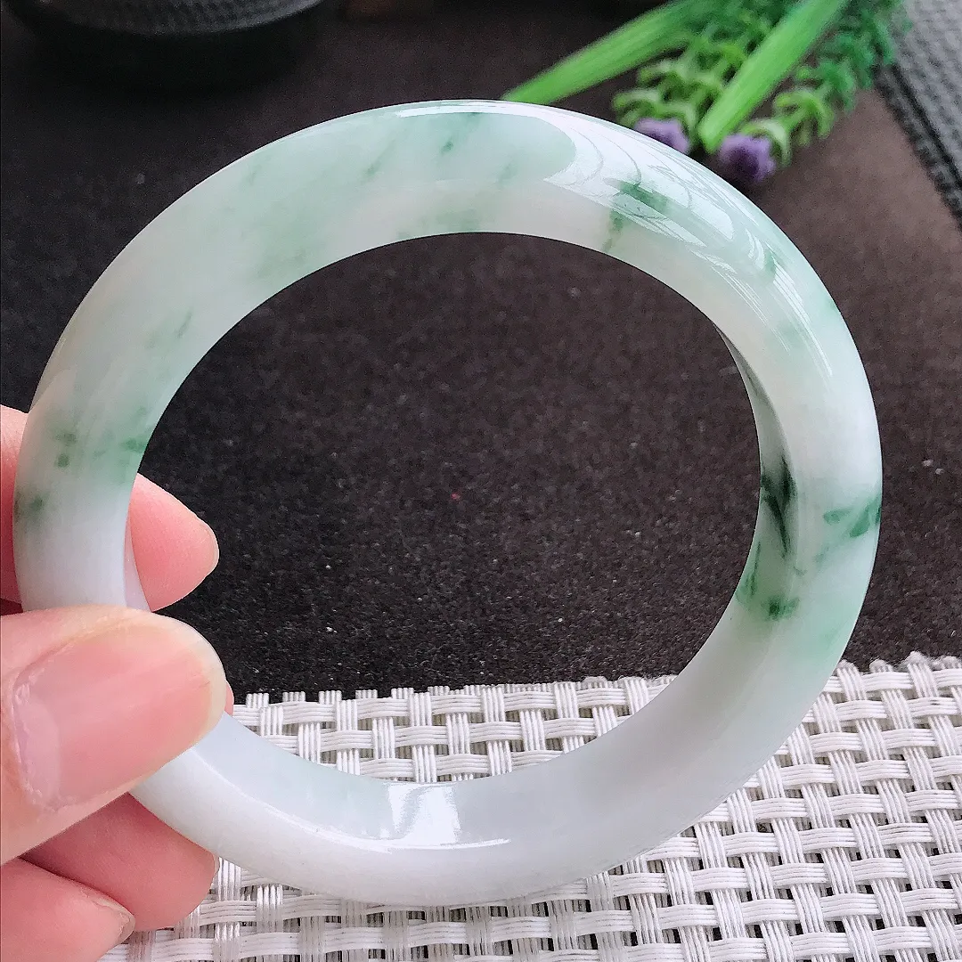 天然A货翡翠60/12.6/9.5老坑精美油润飘花手镯宽边玉镯