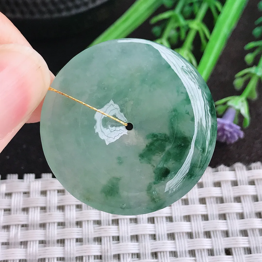 天然A货翡翠34/5.4老坑冰胶水灵飘花平安扣吊坠翡翠玉扣