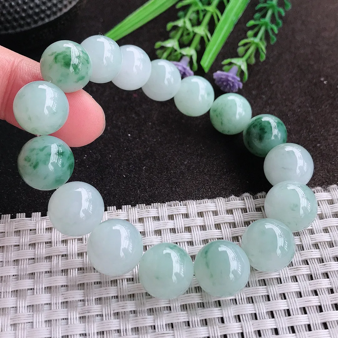 天然A货翡翠13.5/16颗老坑精美冰润飘花圆珠手链玉珠珠串