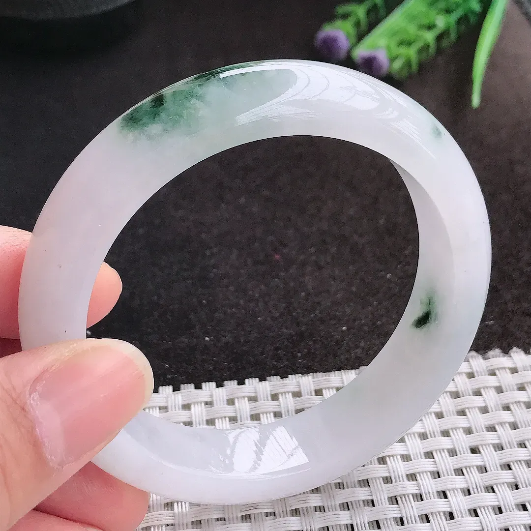 天然A货翡翠56.5/14/8.8老坑冰润起胶飘花手镯宽边玉镯