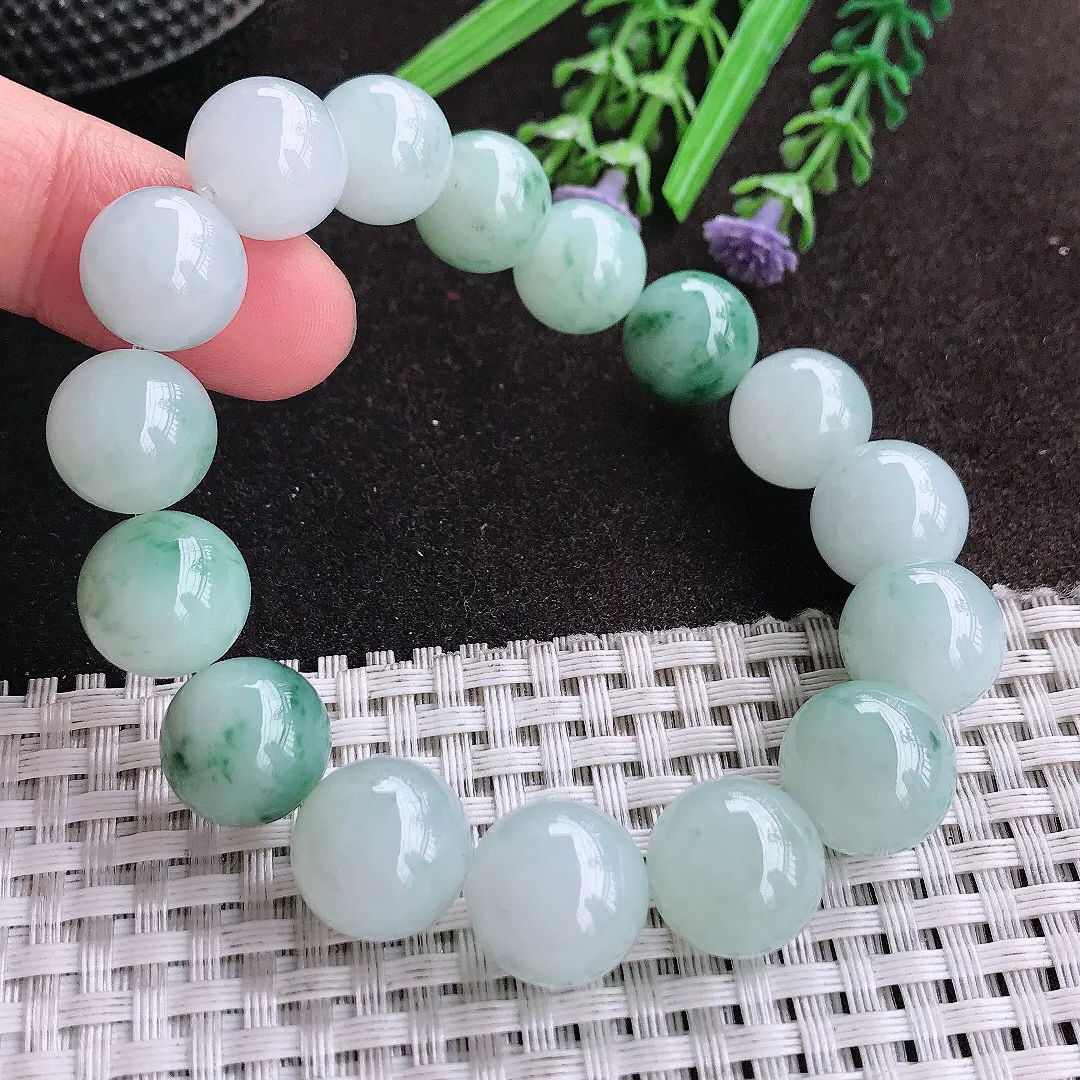 天然A货翡翠13.5/16颗老坑精美冰润飘花圆珠手链玉珠珠串