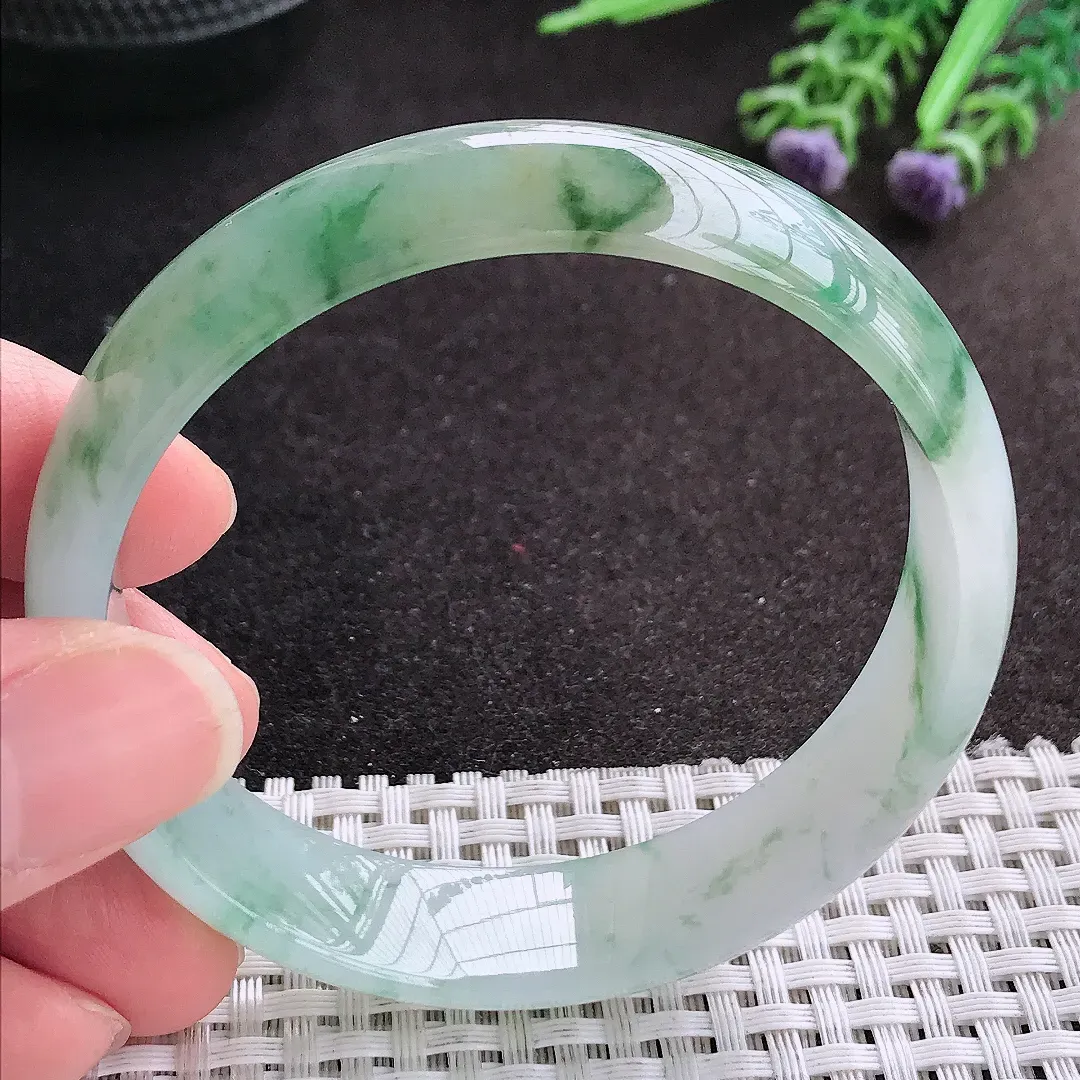 天然A货翡翠58.5/14.8/6.5老坑冰胶果冻冰飘花手镯宽边玉镯