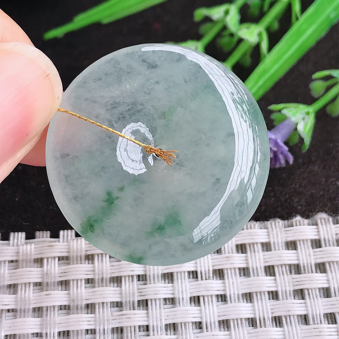 天然A货翡翠31.7/5.3老坑冰透果冻胶冰飘花平安扣吊坠翡翠玉扣挂件