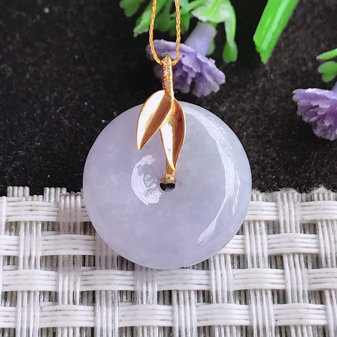 天然A货翡翠18.4/5.8老坑18k金镶嵌冰润紫罗兰小平安扣吊坠翡翠挂件