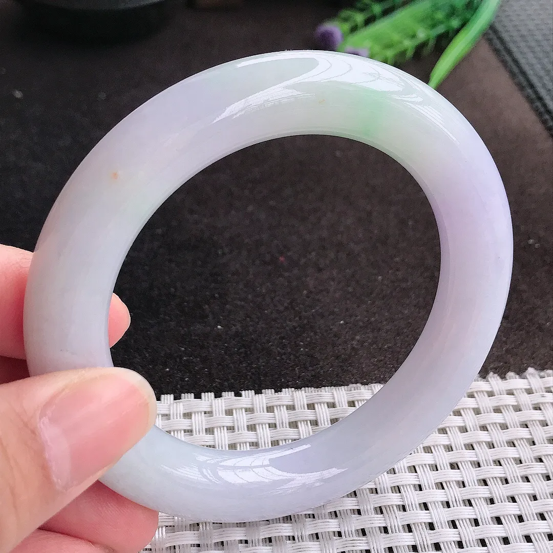 天然A货翡翠57.5/11.5/12老坑秀气冰润浅紫罗兰圆条手镯玉镯