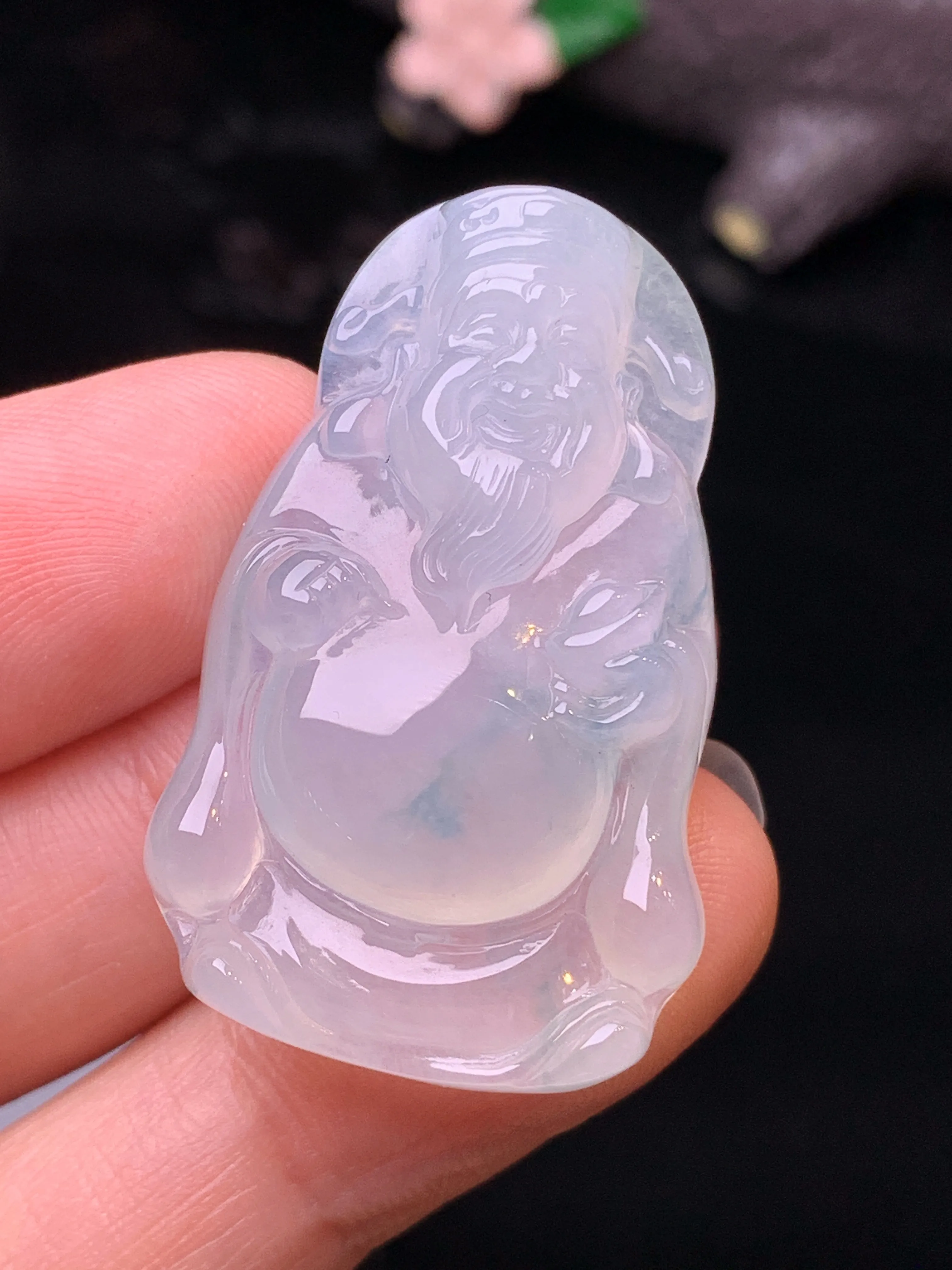 冰种财神吊坠 玉质细腻 水润亮眼 色泽艳丽 整体尺寸36*22.5*7