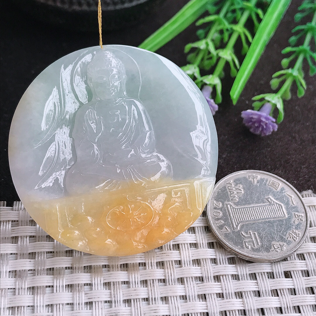 天然A货翡翠47.6/8.6老坑冰润起胶特色双彩飘黄翡阿弥陀佛吊坠翡翠挂件
