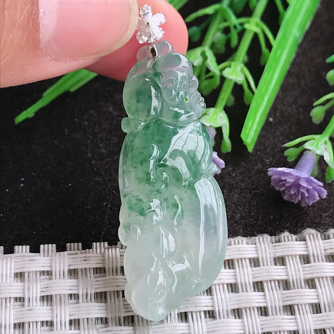 天然A货翡翠42/17.2/6.3老坑18k金镶嵌冰胶果冻飘花如意吊坠翡翠挂件