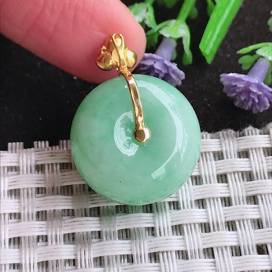 天然A货翡翠20/12.8老坑18k金镶嵌温润飘阳绿转运珠路路通吊坠翡翠平安扣挂件