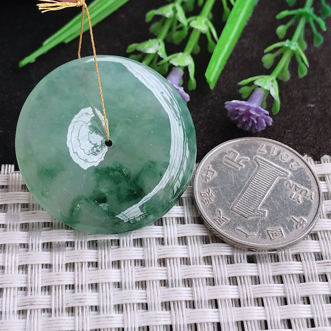 天然A货翡翠34/5.4老坑冰胶水灵飘花平安扣吊坠翡翠玉扣