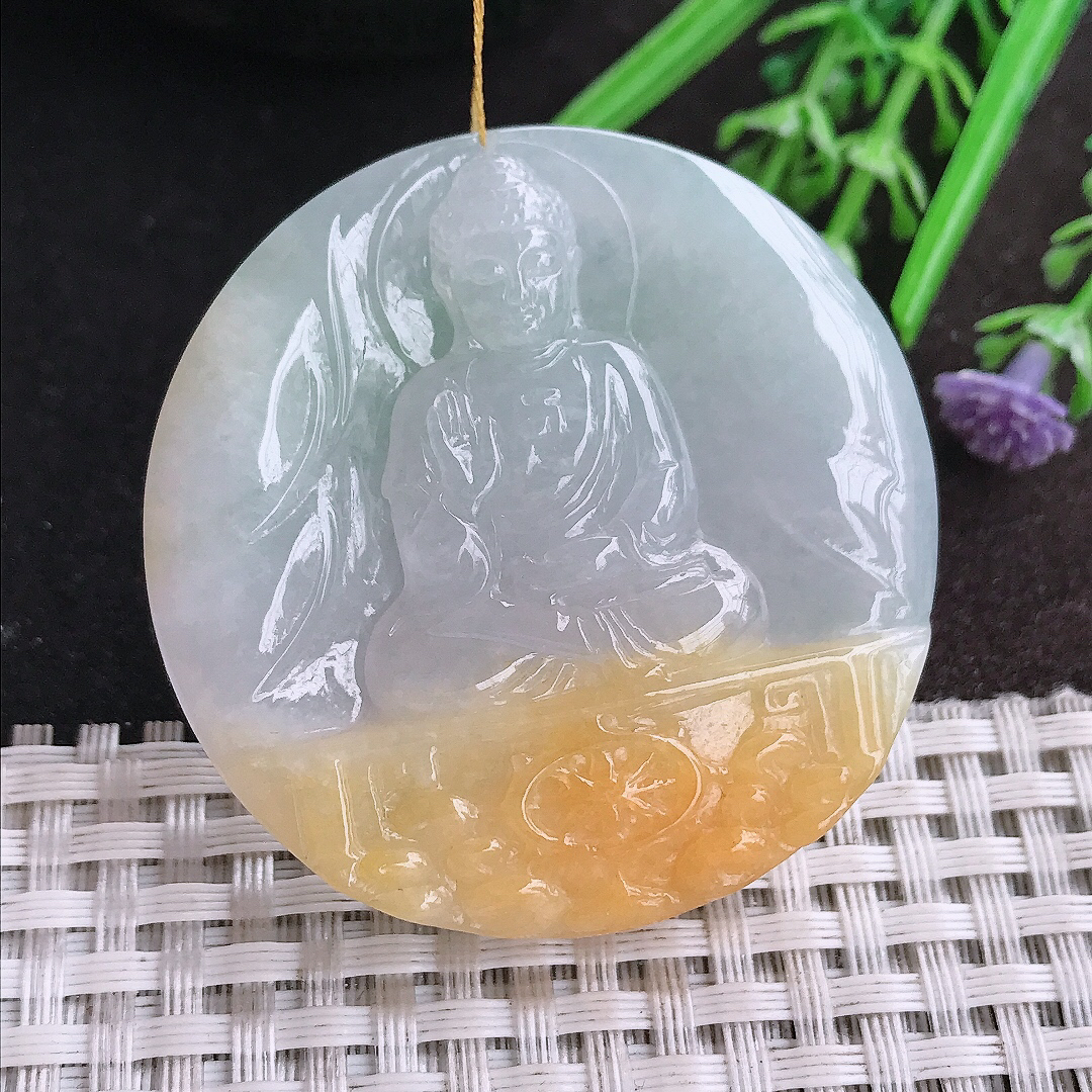 天然A货翡翠47.6/8.6老坑冰润起胶特色双彩飘黄翡阿弥陀佛吊坠翡翠挂件