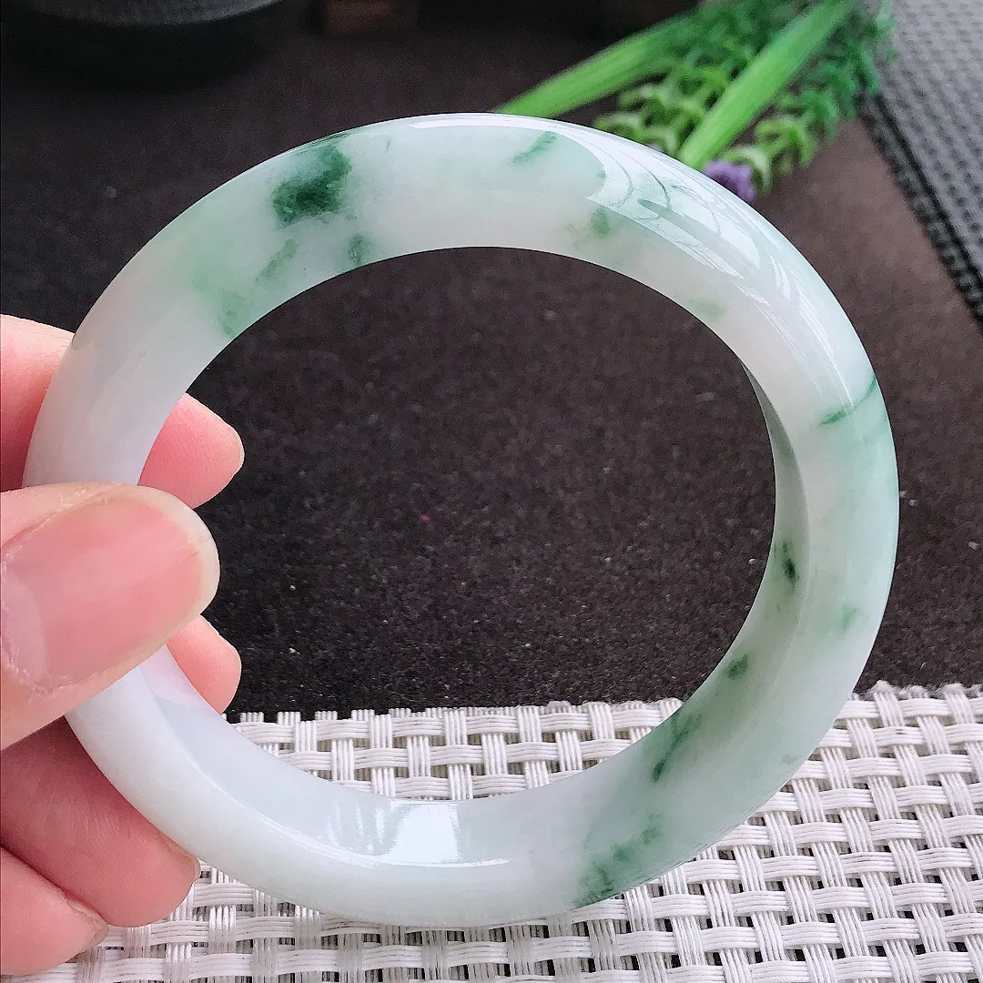 天然A货翡翠60/12.6/9.5老坑精美油润飘花手镯宽边玉镯