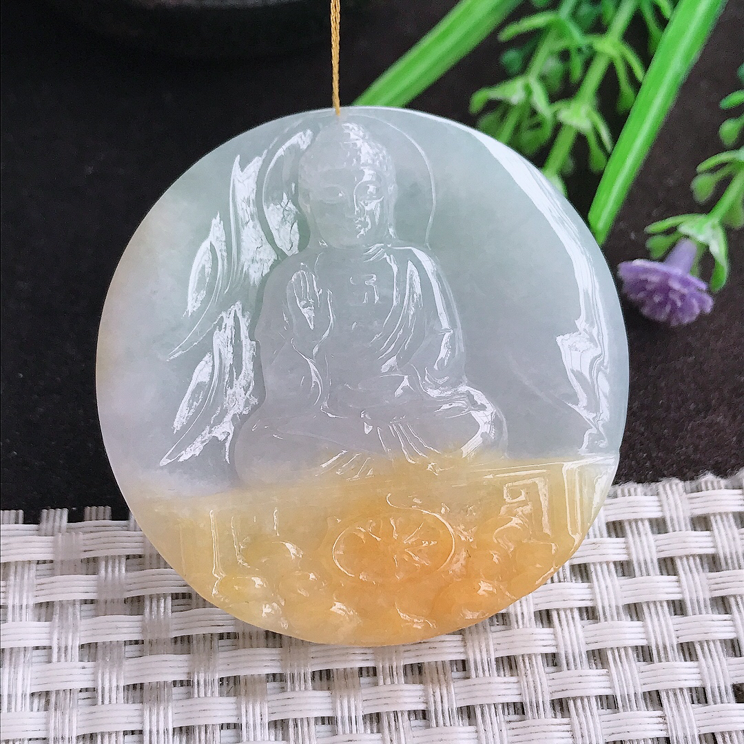 天然A货翡翠47.6/8.6老坑冰润起胶特色双彩飘黄翡阿弥陀佛吊坠翡翠挂件