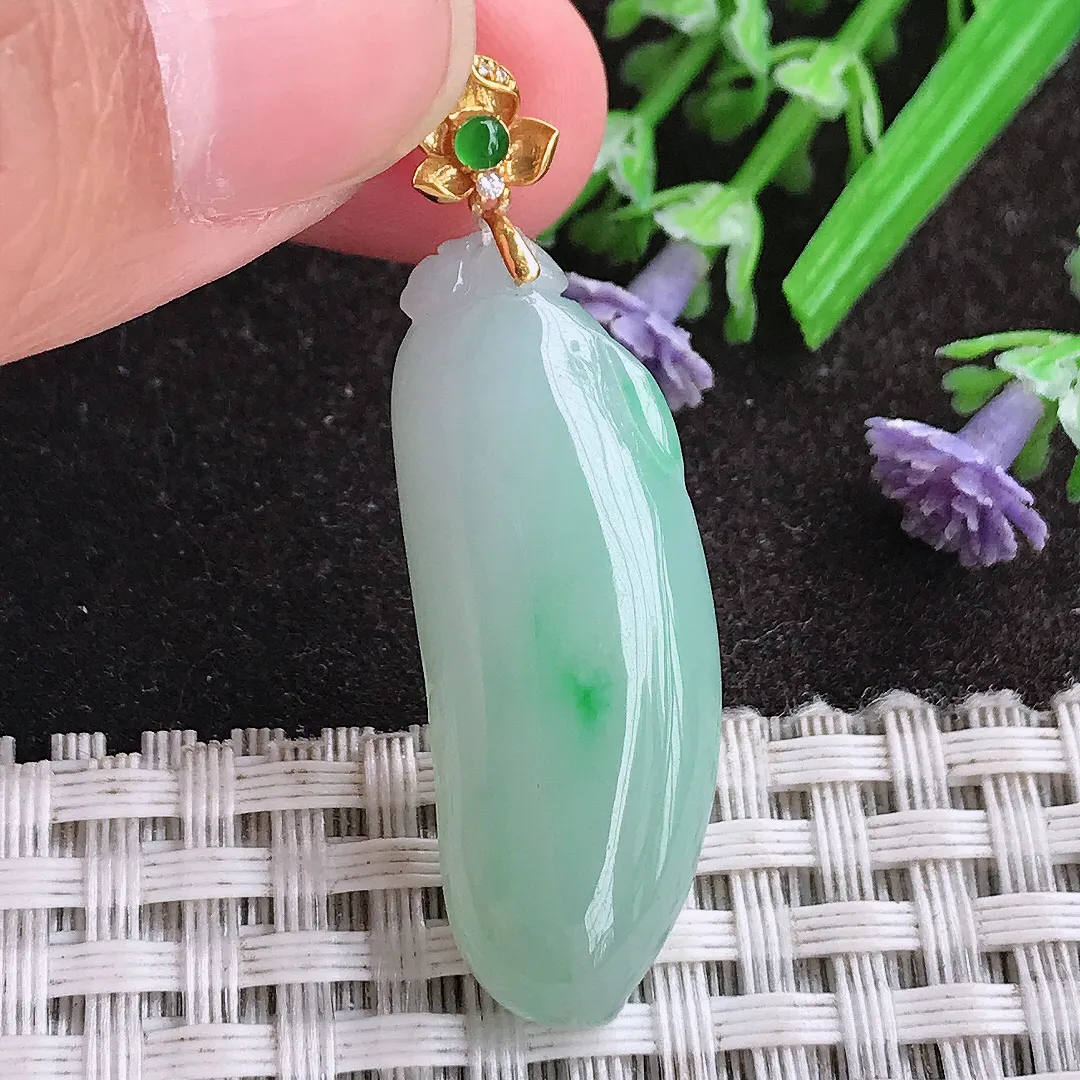 天然A货翡翠34.8/13.2/6.5老坑18k金镶嵌冰胶水灵飘绿福瓜吊坠翡翠挂件