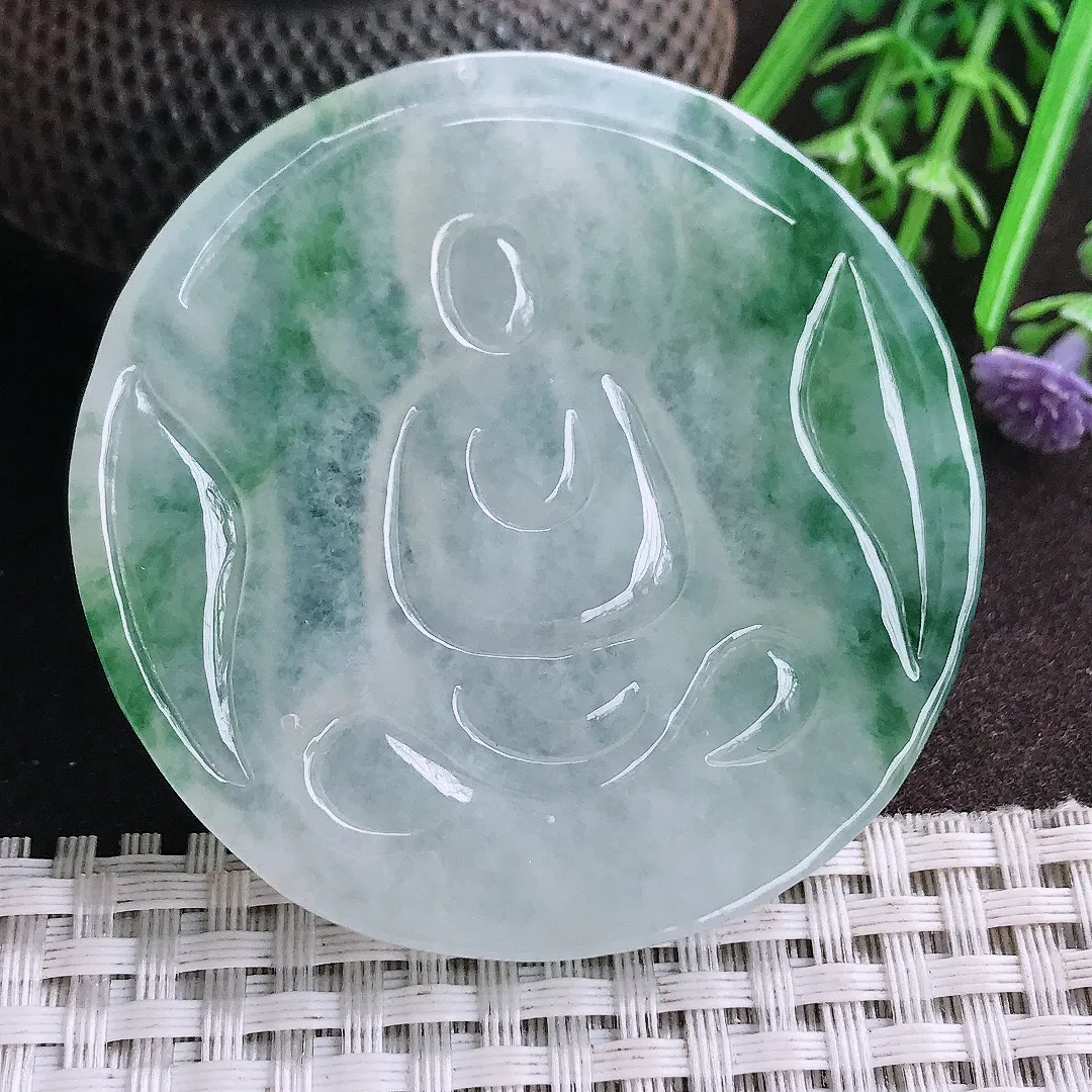 天然A货翡翠56.5/7.6老坑冰胶果冻飘花素衣观音吊坠翡翠挂件