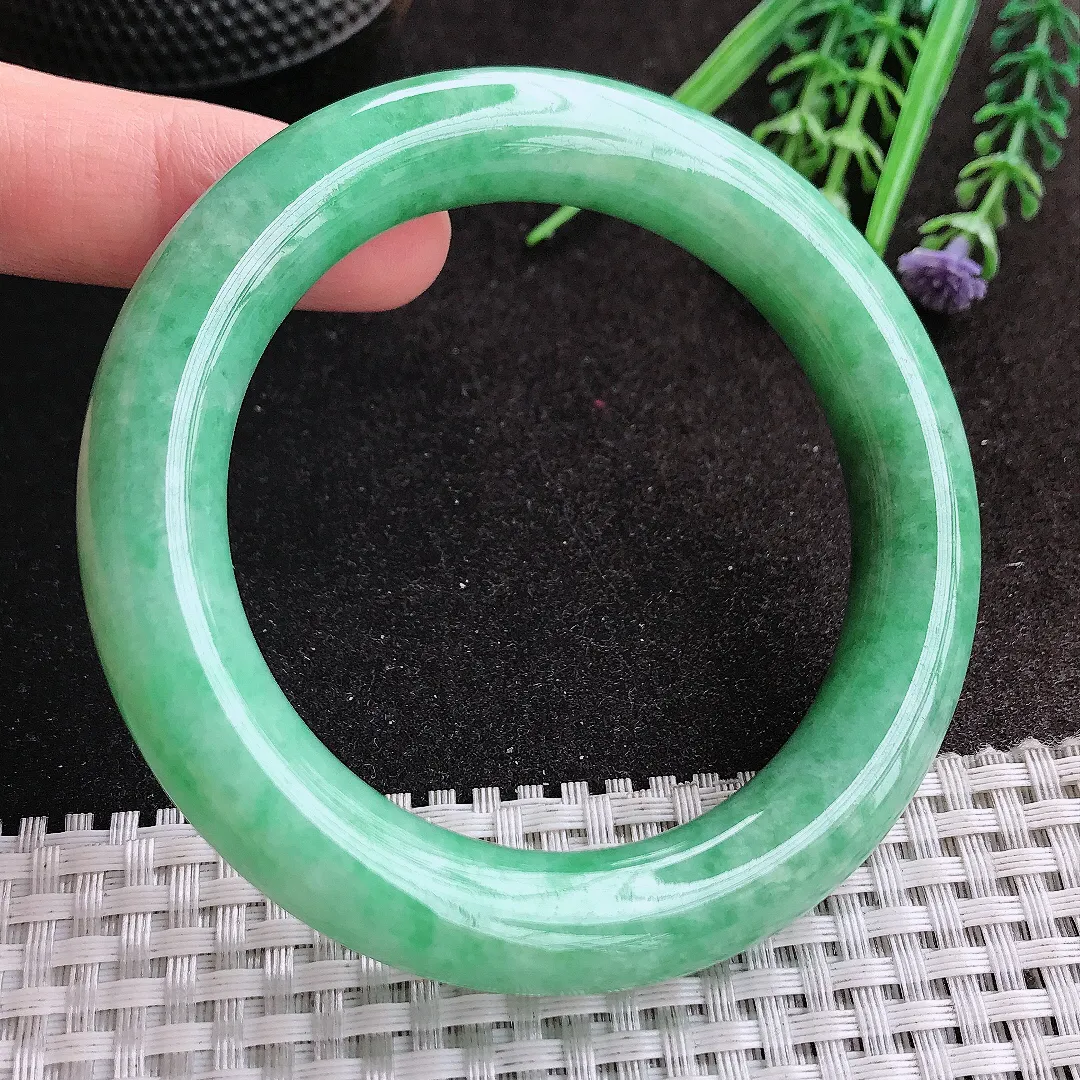 天然A货翡翠56.8/11.6老坑温润满绿胖圆条手镯玉镯