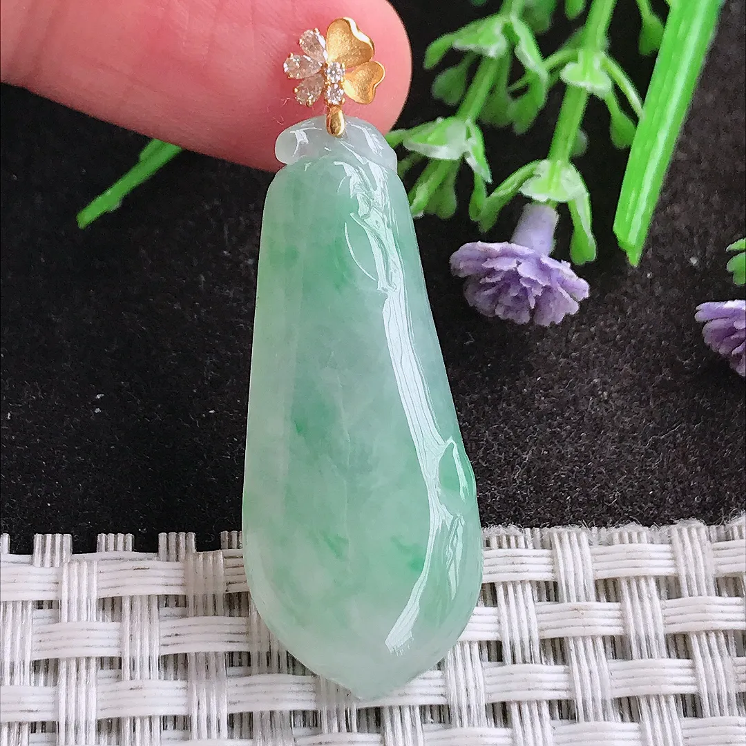 天然A货翡翠36/15.5/5.3老坑18k金镶嵌冰胶冰晴福瓜吊坠翡翠挂件