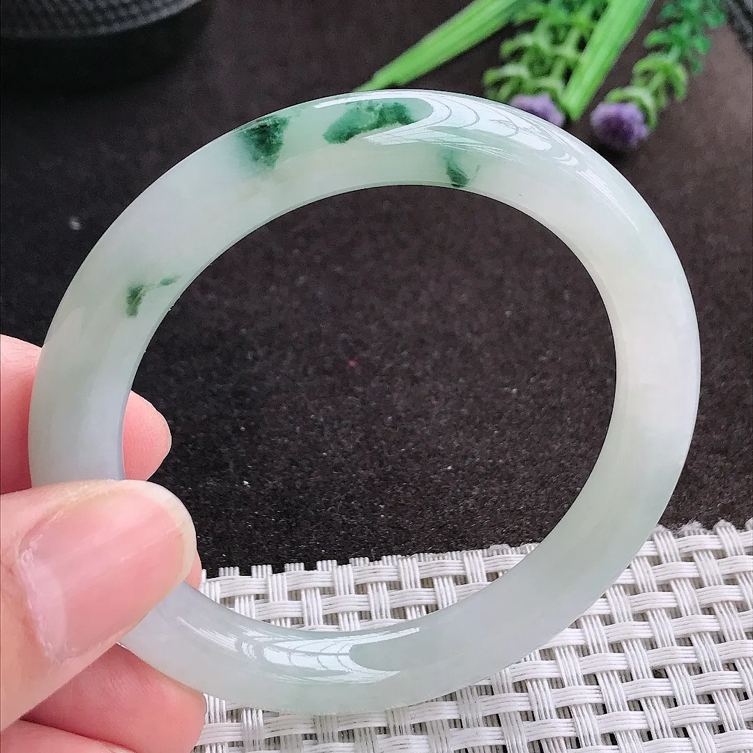 天然A货翡翠53.5/9.1老坑冰胶果冻飘花圆条手镯玉镯