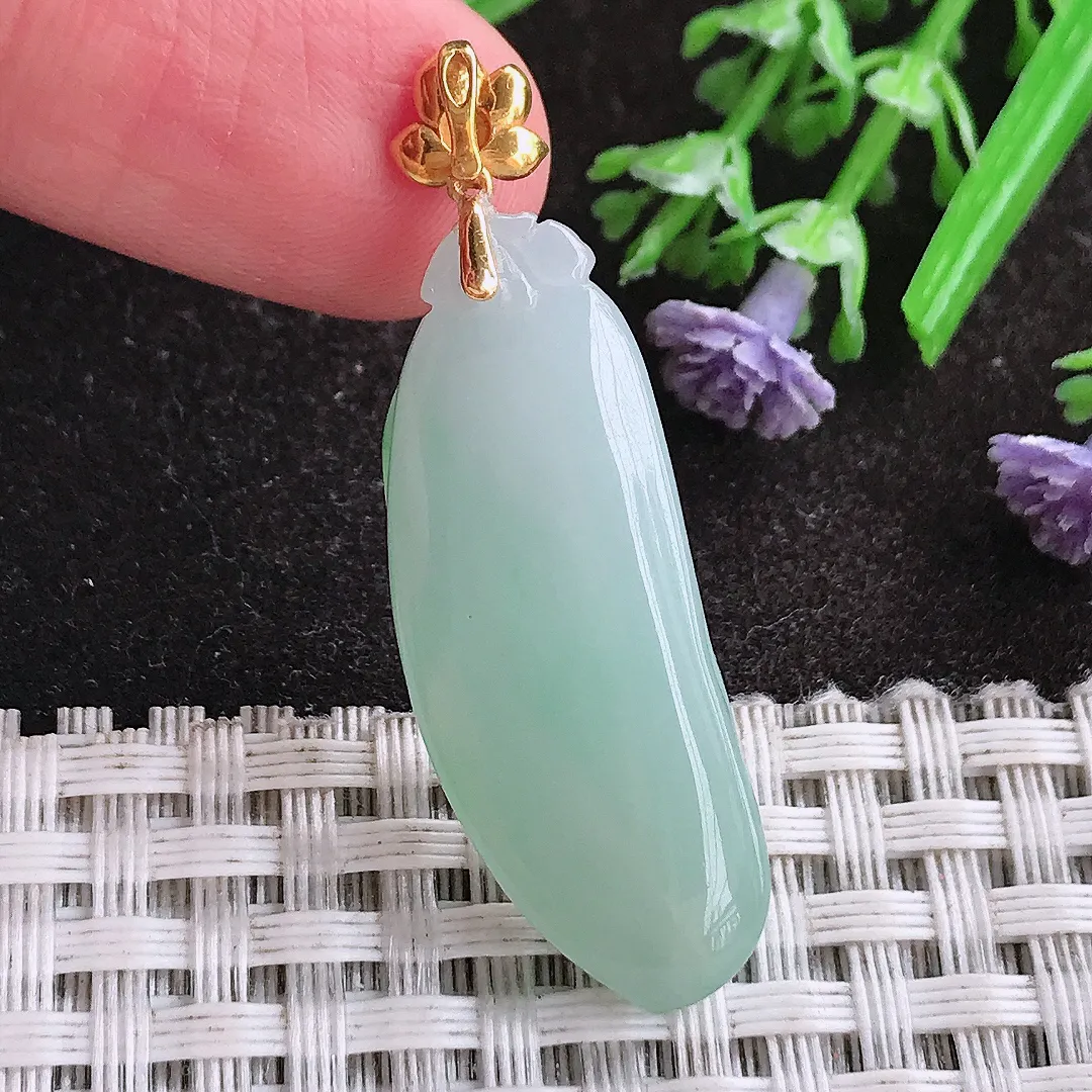 天然A货翡翠34.8/13.2/6.5老坑18k金镶嵌冰胶水灵飘绿福瓜吊坠翡翠挂件