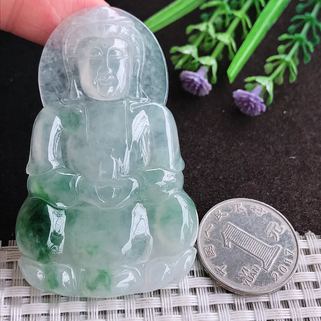 天然A货翡翠67.3/41/6.1老坑18k金镶嵌冰胶果冻冰飘花正装观音吊坠翡翠玉观音