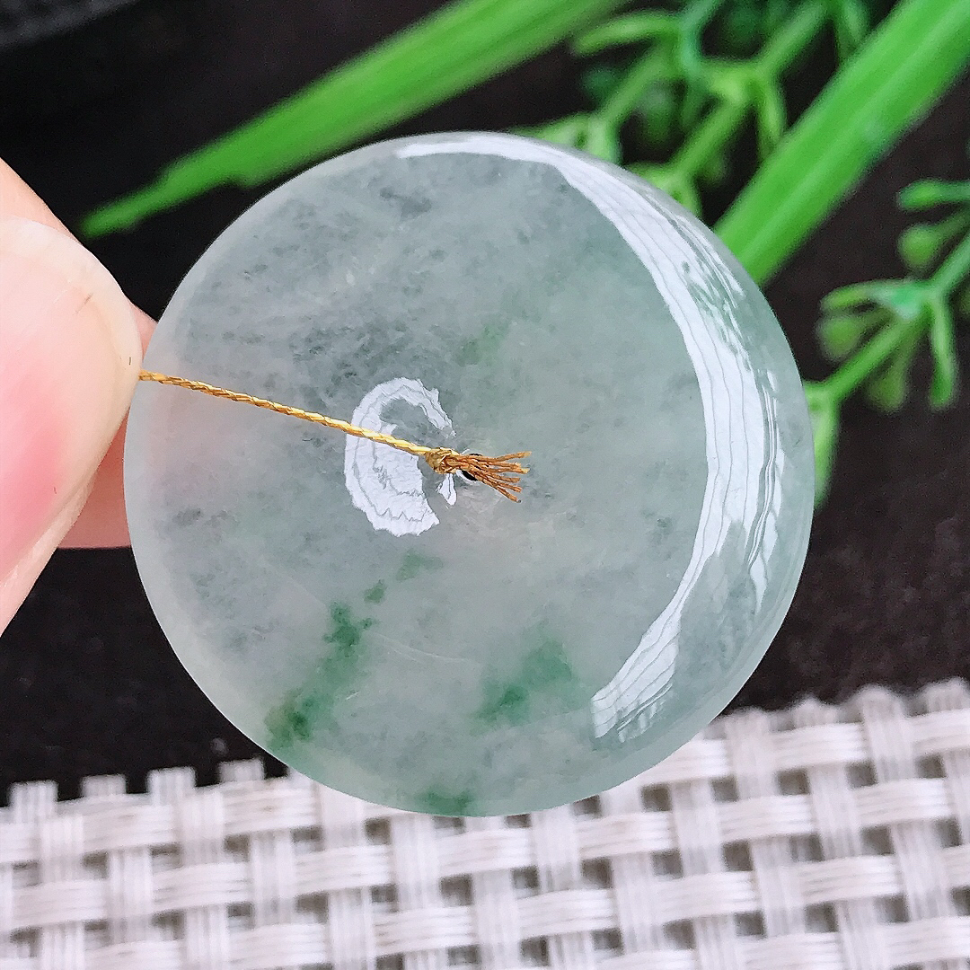 天然A货翡翠31.7/5.3老坑冰透果冻胶冰飘花平安扣吊坠翡翠玉扣挂件