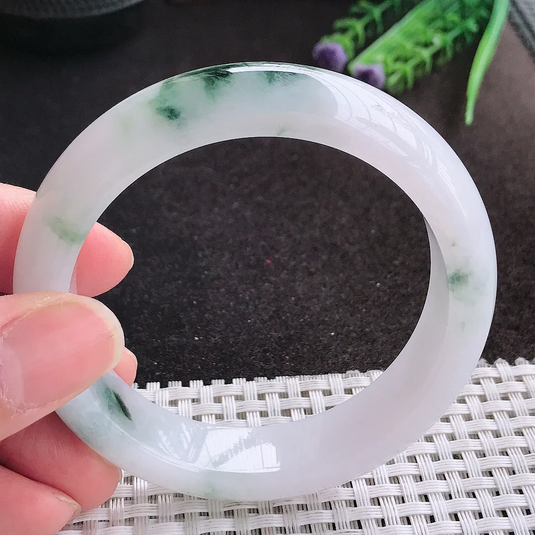 天然A货翡翠56.5/14/8.8老坑冰润起胶飘花手镯宽边玉镯