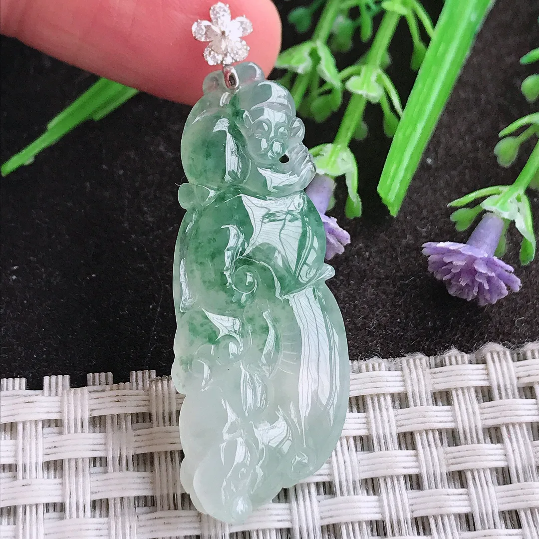 天然A货翡翠42/17.2/6.3老坑18k金镶嵌冰胶果冻飘花如意吊坠翡翠挂件