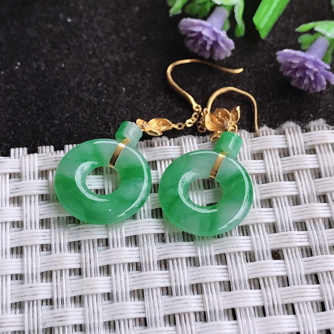 天然A货翡翠14/2.6老坑18k金镶嵌冰胶飘阳绿玉环平安扣耳坠