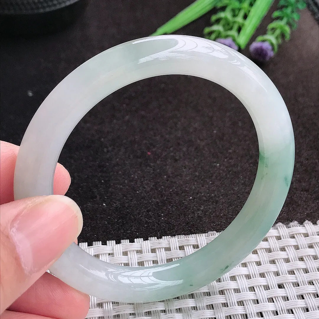 天然A货翡翠53.5/9.1老坑冰胶果冻飘花圆条手镯玉镯