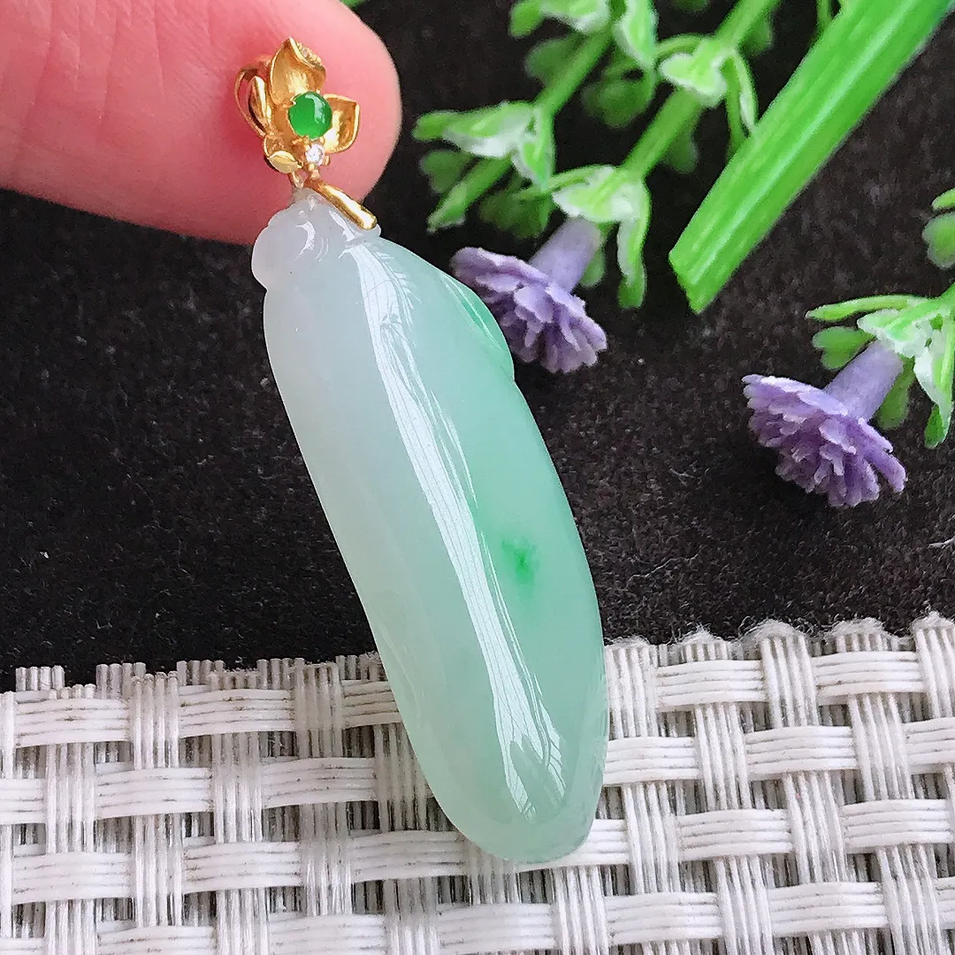 天然A货翡翠34.8/13.2/6.5老坑18k金镶嵌冰胶水灵飘绿福瓜吊坠翡翠挂件