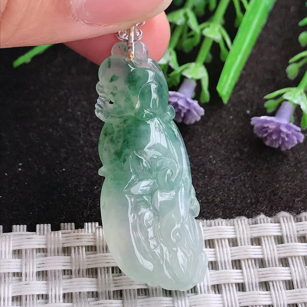 天然A货翡翠42/17.2/6.3老坑18k金镶嵌冰胶果冻飘花如意吊坠翡翠挂件