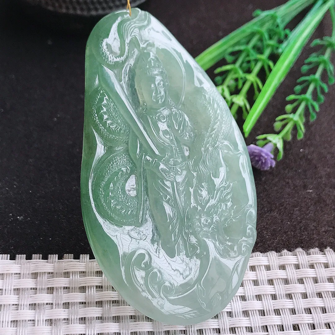 天然A货翡翠80/46.6/5.6老坑冰胶果冻冰晴绿御龙观音吊坠翡翠挂件