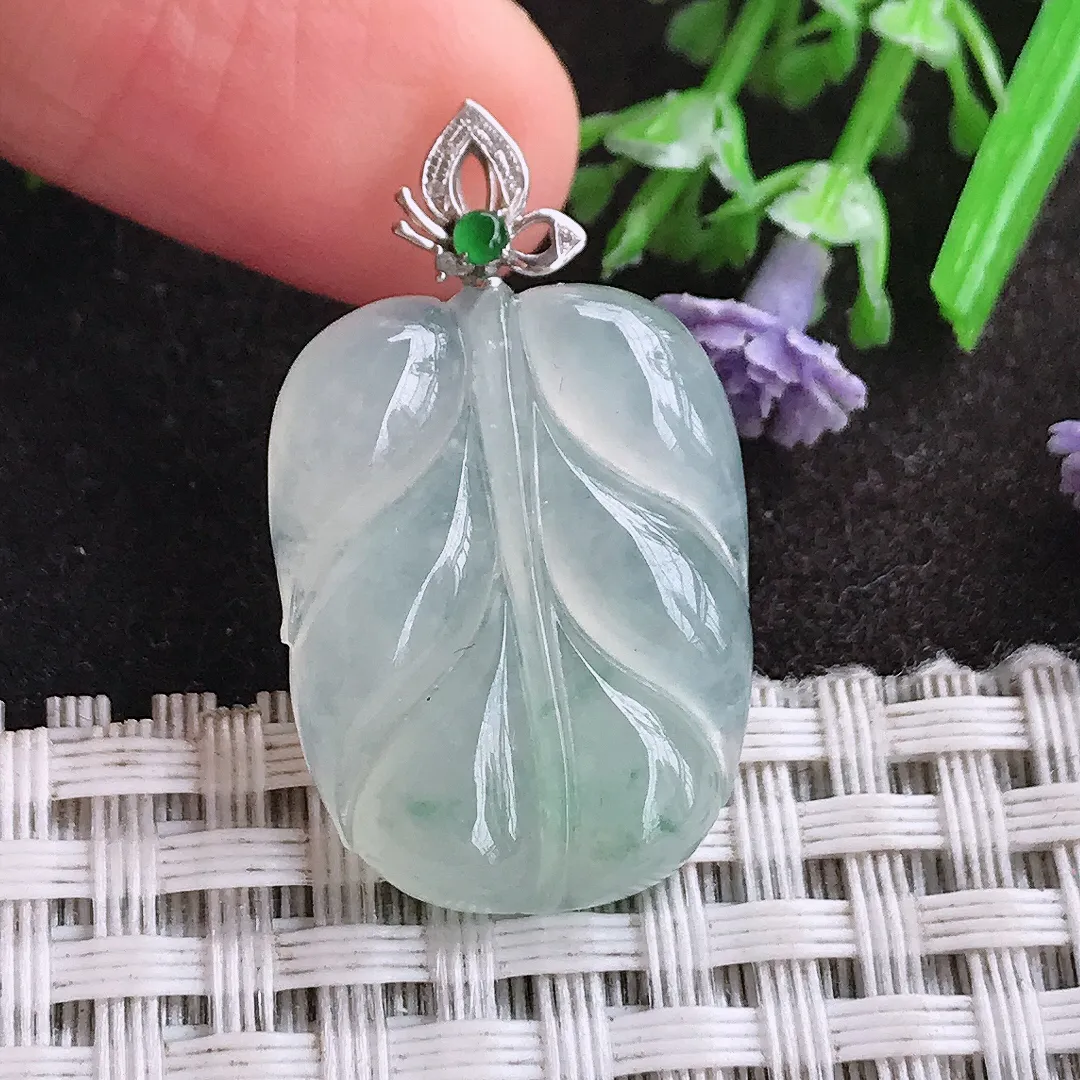 天然A货翡翠24.3/18.7/5.6老坑18k金镶嵌冰胶果冻冰晴叶子吊坠翡翠挂件