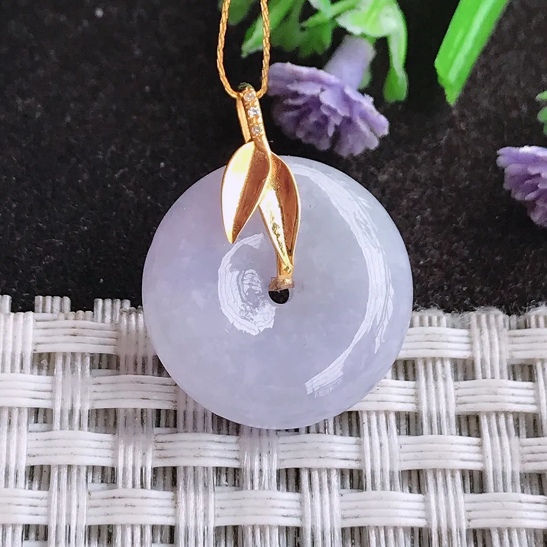 天然A货翡翠18.4/5.8老坑18k金镶嵌冰润紫罗兰小平安扣吊坠翡翠挂件