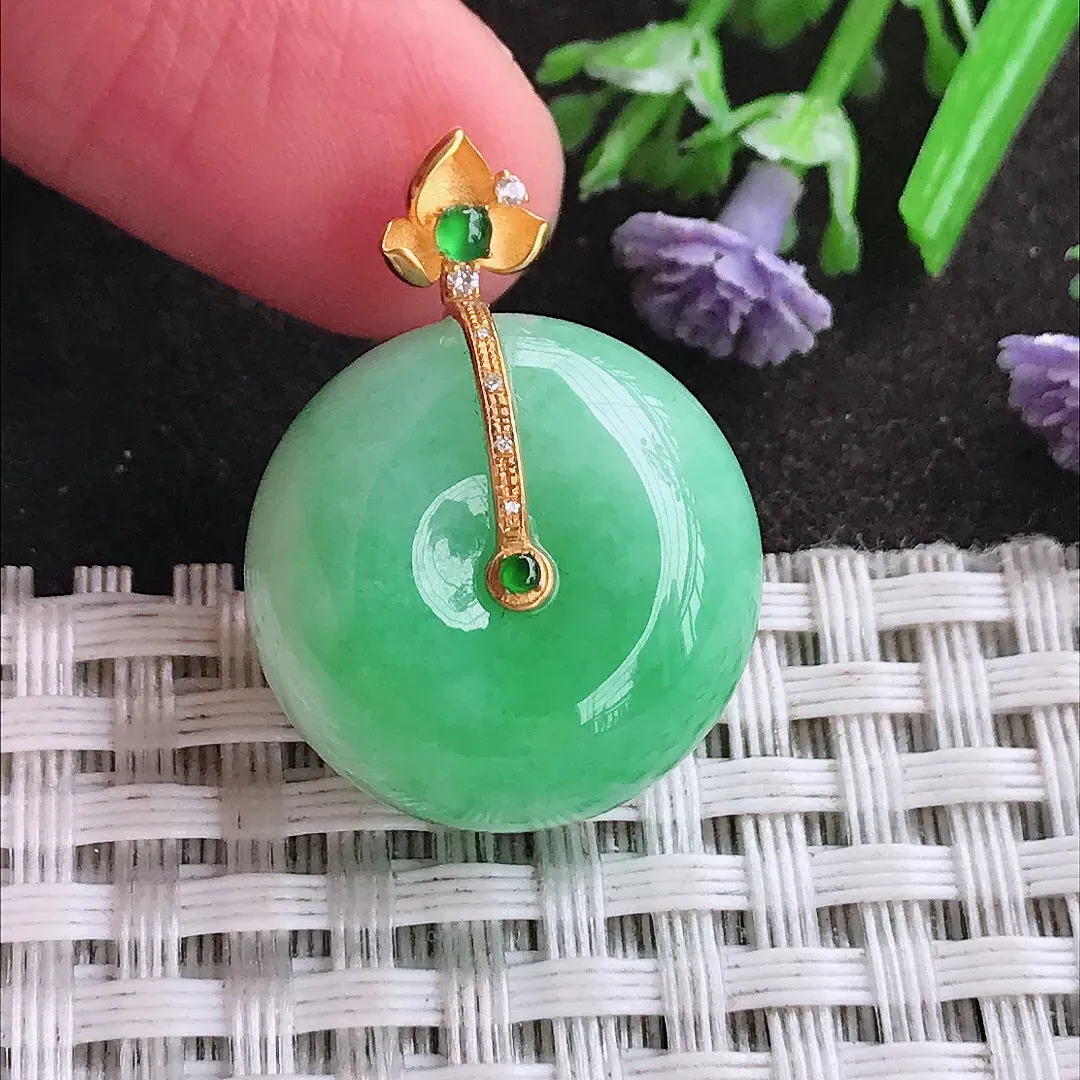 天然A货翡翠20/12.8老坑18k金镶嵌温润飘阳绿转运珠路路通吊坠翡翠平安扣挂件