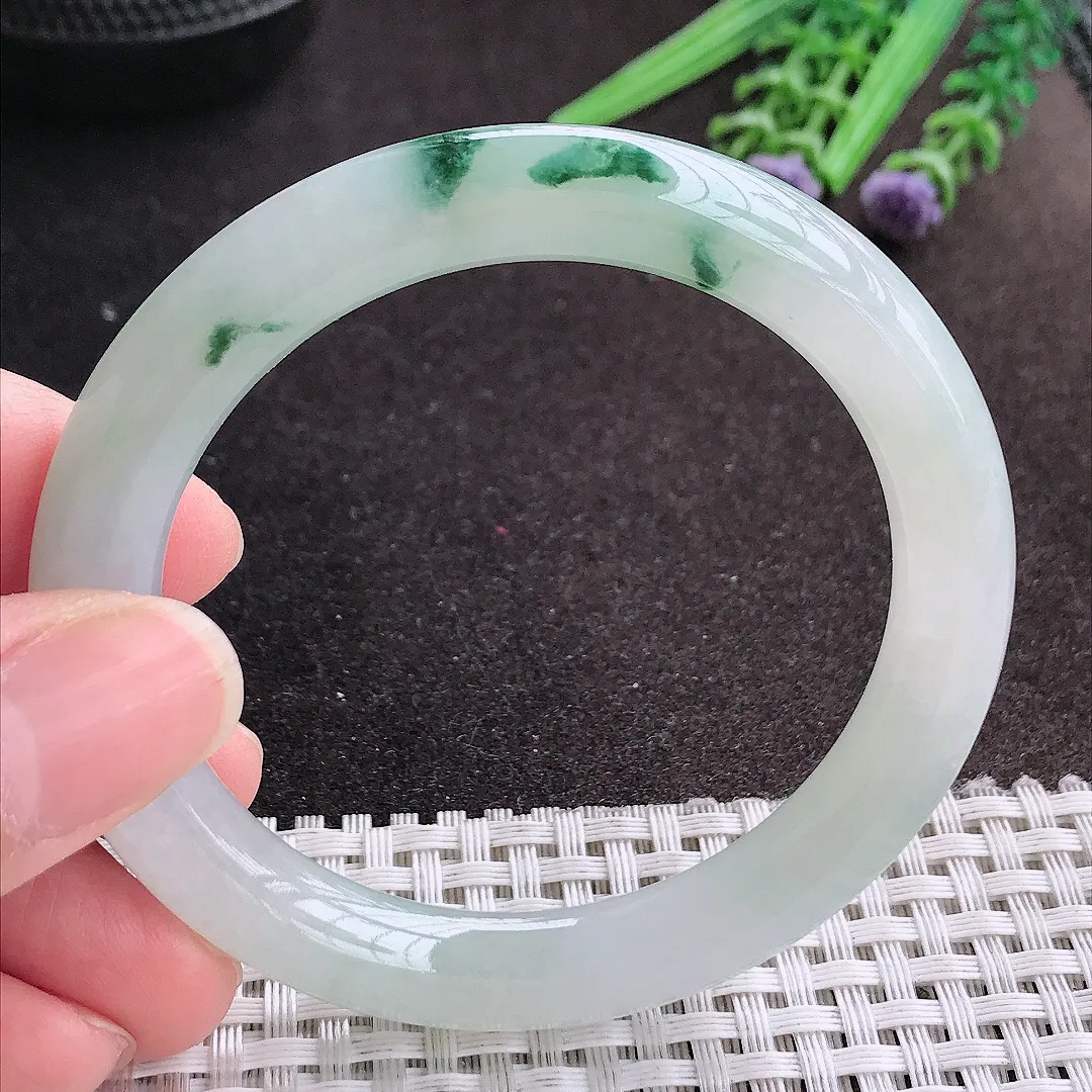 天然A货翡翠53.5/9.1老坑冰胶果冻飘花圆条手镯玉镯